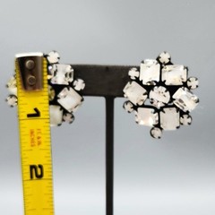 Vintage High End White Givre Baguette Emerald Cut Glass Japanned Brooch Earrings