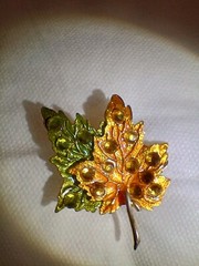 Maple Leaf dual purpose brooch pendant orange green with rhinestones 2011 FL