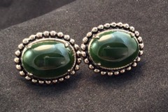 Vintage Sterling Silver Green Onyx Pebbled Screw Back Signed JJJ Earrings