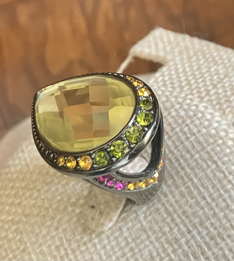 HSN Designer Signed M & CN Multi Gemstone Yellow Teardrop Faceted Cocktail Ring