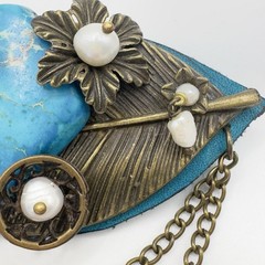 Artisan Brooch Variscite Stone & Freshwater Pearls Brass Leaf Leather Steampunk