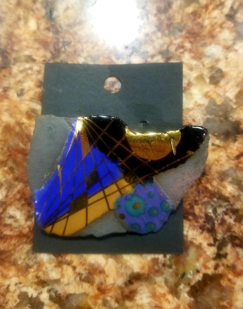 1980s Artistic Geometric Brooch/ Pin Gold, Blue, Vibrant Colors on clay medium