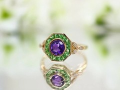 Art Deco Amethyst & Emerald Lab Created Diamond Wedding Ring 14K Yellow Gold FN