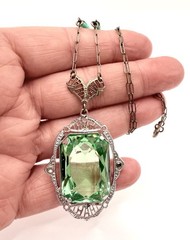 Large Art Deco UG Uranium Glass Rhodium Plated Filigree Necklace Vintage Jewelry