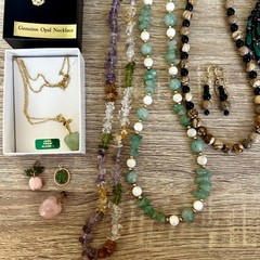 Personal Collection Vintage Crystal Jewelry Lot Opal Jade Malachite Necklaces
