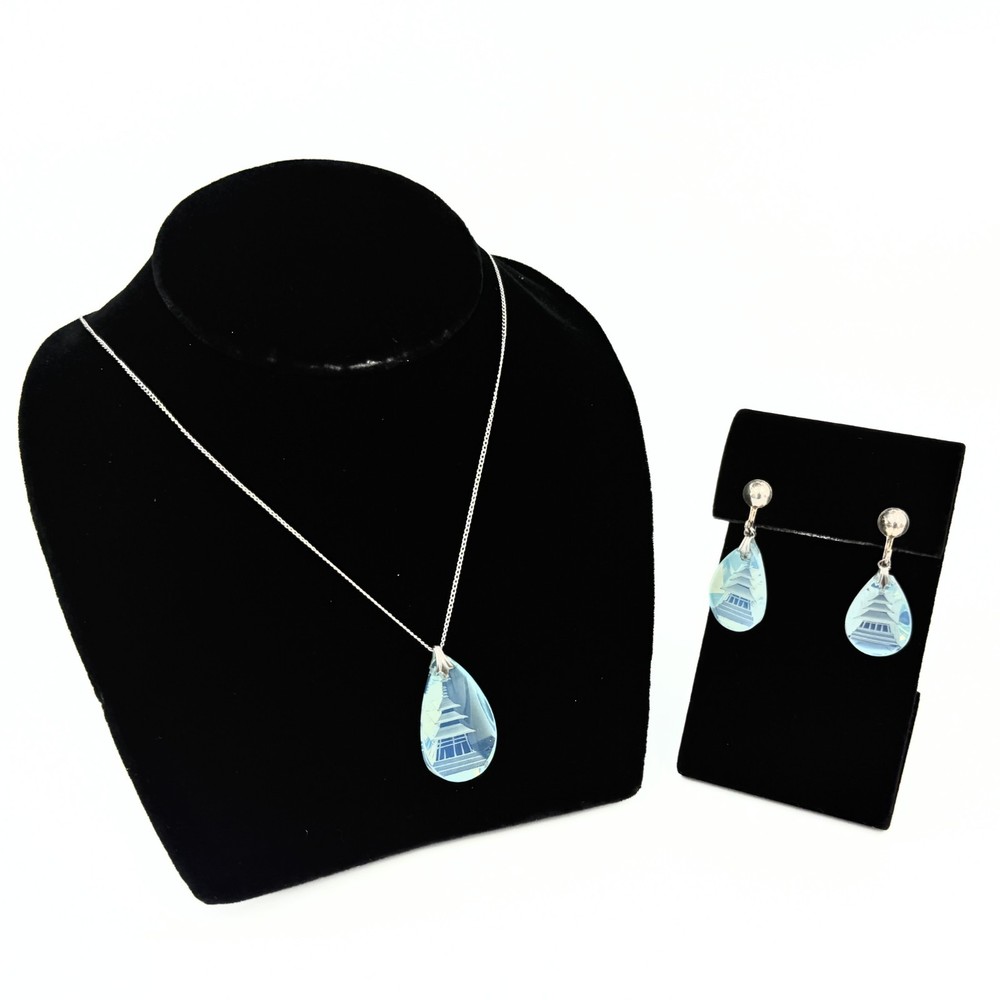 Antique Art Deco Marked Blue Glass Pagoda Sterling Silver Necklace Earrings Set