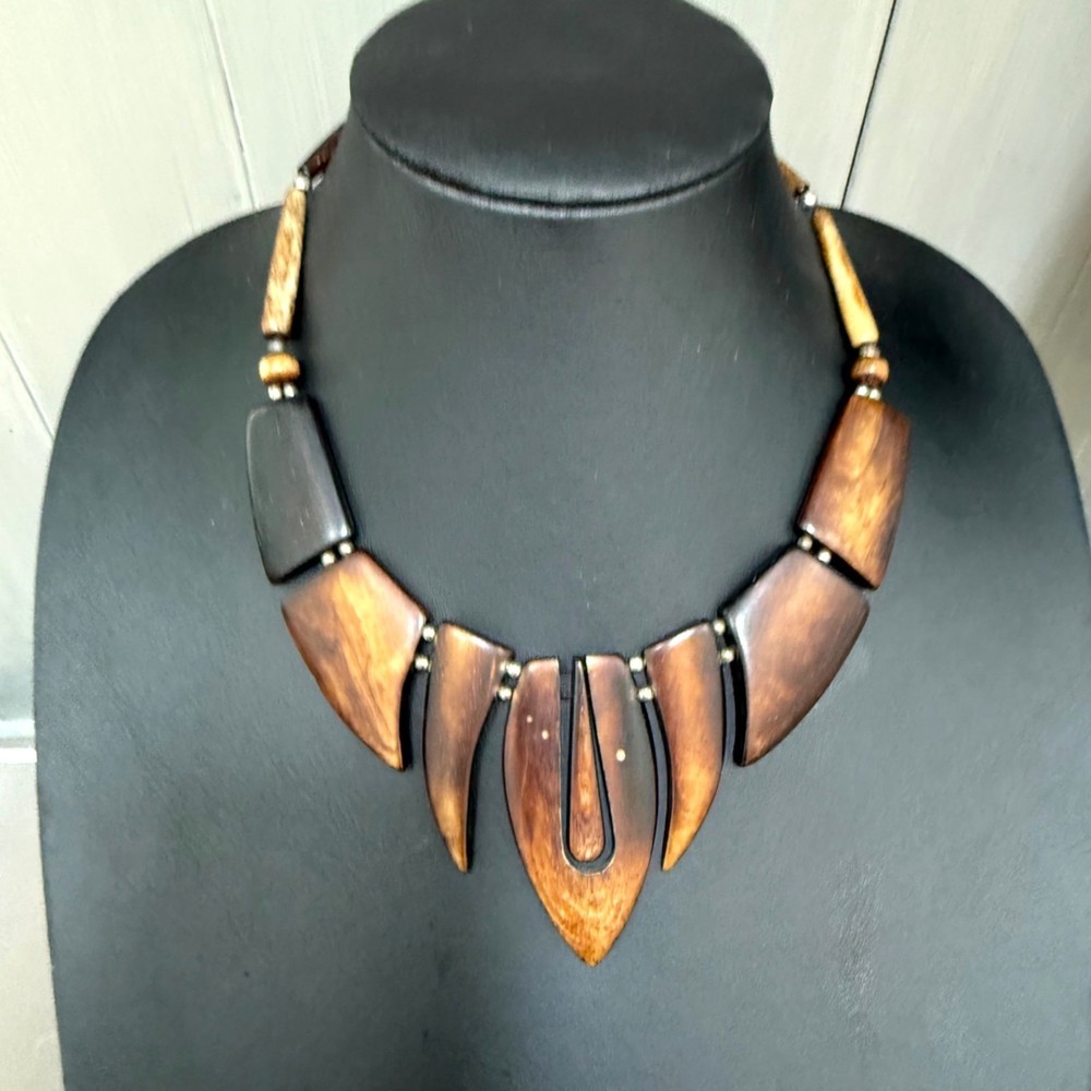 Vintage Artisan Necklace Horn Chunky Geometric Wood Tribal Silver Tone 17 inches