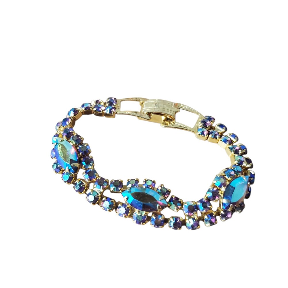 Vintage Gold Tone AB Aurora Borealis Rhinestone Bracelet Unsigned Costume