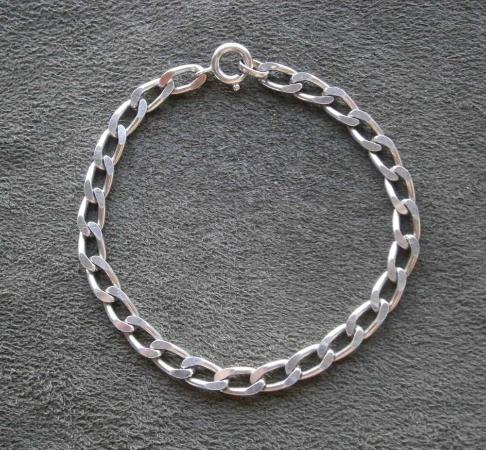 FBM Hammered Flat Elongated Curb Chain Vtg Shiny 835 Silver Bracelet 7.25″ 8.8g