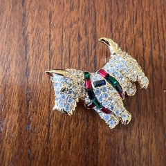 Vintage Scottie Terrier K.J.L I’m Clear Rhinestone Brooch Red Green Harness