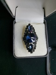 Ornate vintage-style ring with blue stones & marcasite-like accents. 1950s-1970s