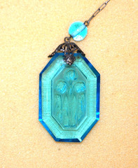 Art Deco Czech Pendant Necklace Floral Intaglio Carved Etched Blue Camphor Glass