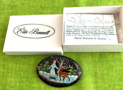 Russian Lacquer Hand Painted Brooch (signed) Vintage Winter Scene Oval