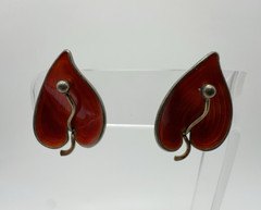 VTG Einar Modahl Norway Sterling Red Enamel Leaf Screw Back Earrings 8.2g #bad