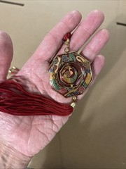 Vintage Cloisonné Red Floral Peacock Enameled Hexagon Tassel Necklace Bird New