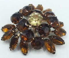 Vintage Rhinestones Brooch Topaz Amber Color Flower Prong Set Stones Pin