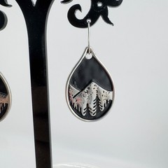 Vintage Mountain Scene Teardrop Earrings Silver Black Nature Outdoorsy Boho