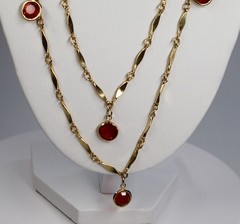 Vintage Open Bezel Red Crystal Flapper Necklace Gold Tone Metal 52″ Long