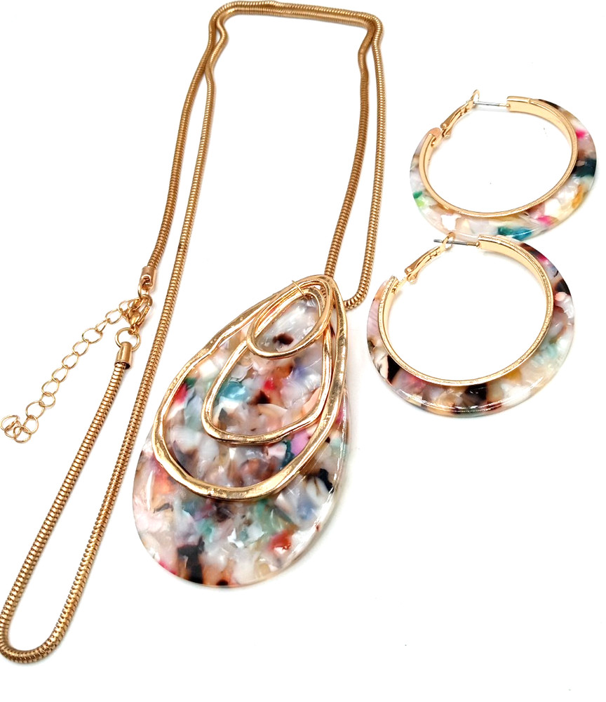 Vtg 80s Gold Tone Multi Color Resin Teardrop 29 In Necklace w Matching Earrings