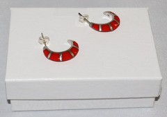 Vintage Southwestern Style Sterling Silver Coral Inlay Half Hoop Post Earrings