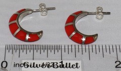 Vintage Southwestern Style Sterling Silver Coral Inlay Half Hoop Post Earrings