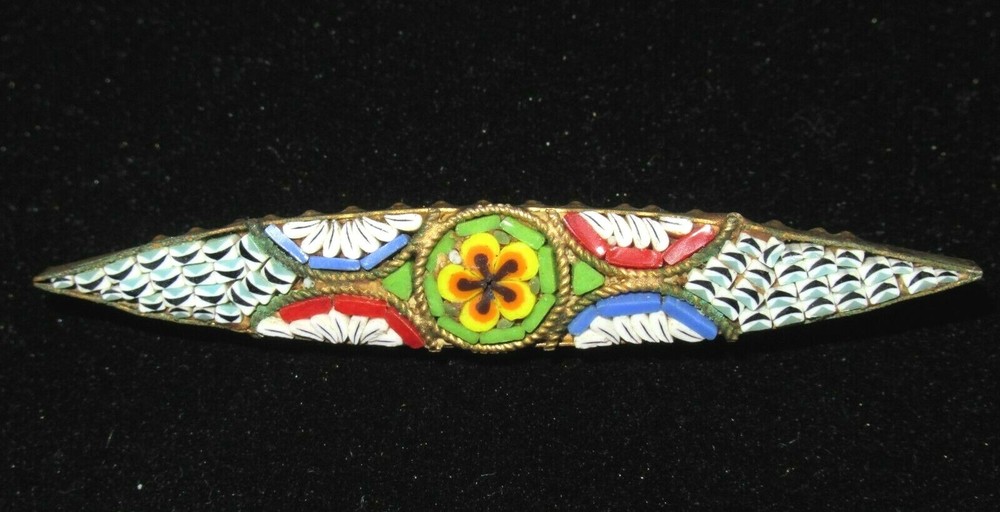 Antqiue Art Nouveau Italian Micro Mosiac Millefiore Bar Pin Gold Overlay