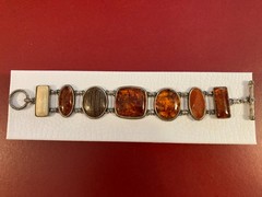 Vintage Amber, Ivory, Brown Cabochon Bracelet Sterling Silver