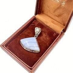 Vintage Blue Lace Agate Nickel Silver Triangular Fan Filigree Accent Pendant