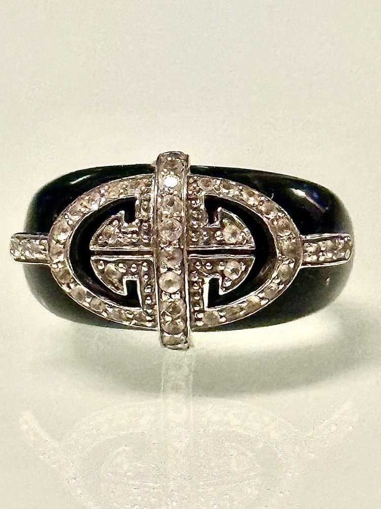 VINTAGE SOLID BLACK ONYX BAND W 925 SS ART DECO CZ DESIGN RING SZ 7