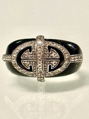 VINTAGE SOLID BLACK ONYX BAND W 925 SS ART DECO CZ DESIGN RING SZ 7