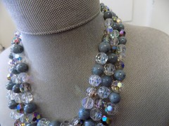 Vtg 1960 Christian Dior Signed 3 Strand Gray Art Glass AB Crystal Bead Necklace