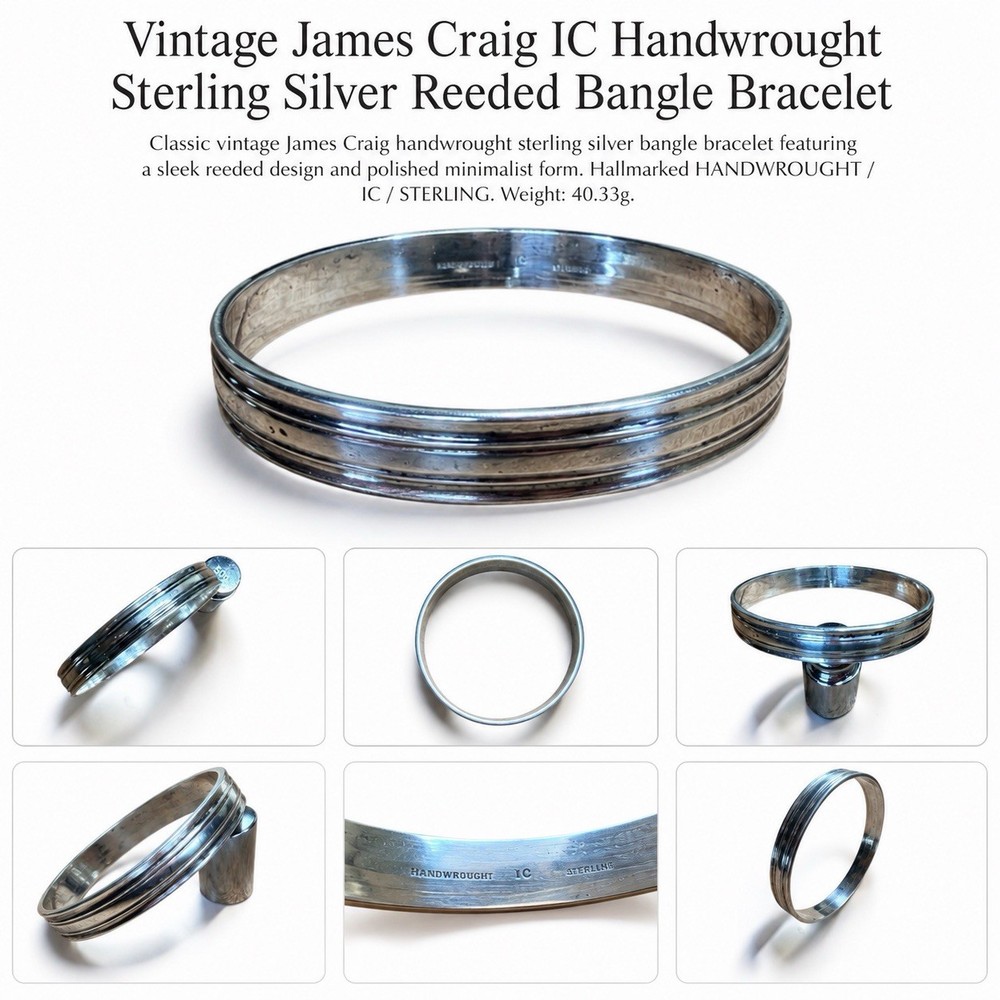 Vintage James Craig IC Handwrought Sterling Silver Reeded Bangle Bracelet 40.3g