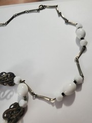 Vtg. White Milk Glass & Metal Beaded Necklace, Plastic Pendant