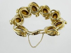 Vintage Costume Goldtone Metal Brown and Yellow Rhinestone Bracelet Unsigned