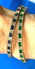 VINTAGE ANTIQUE 2 STERLING BLUE & GREEN & WHITE RHINESTONE CRYSTAL BANGLE SET