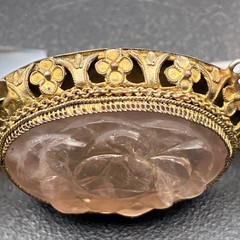 Chinese Export Blush Pink Carved Rose Quartz Necklace Floral Pendant 17 Inches