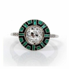 Art Deco Lab-Created Diamond & Emerald With Enamel Engagement 925 Silver Ring