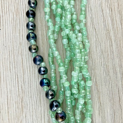 VTG Sea-green Glass Multi-Strand (8) Necklace 2 mm Beads w/Dark Beads Brass Hook