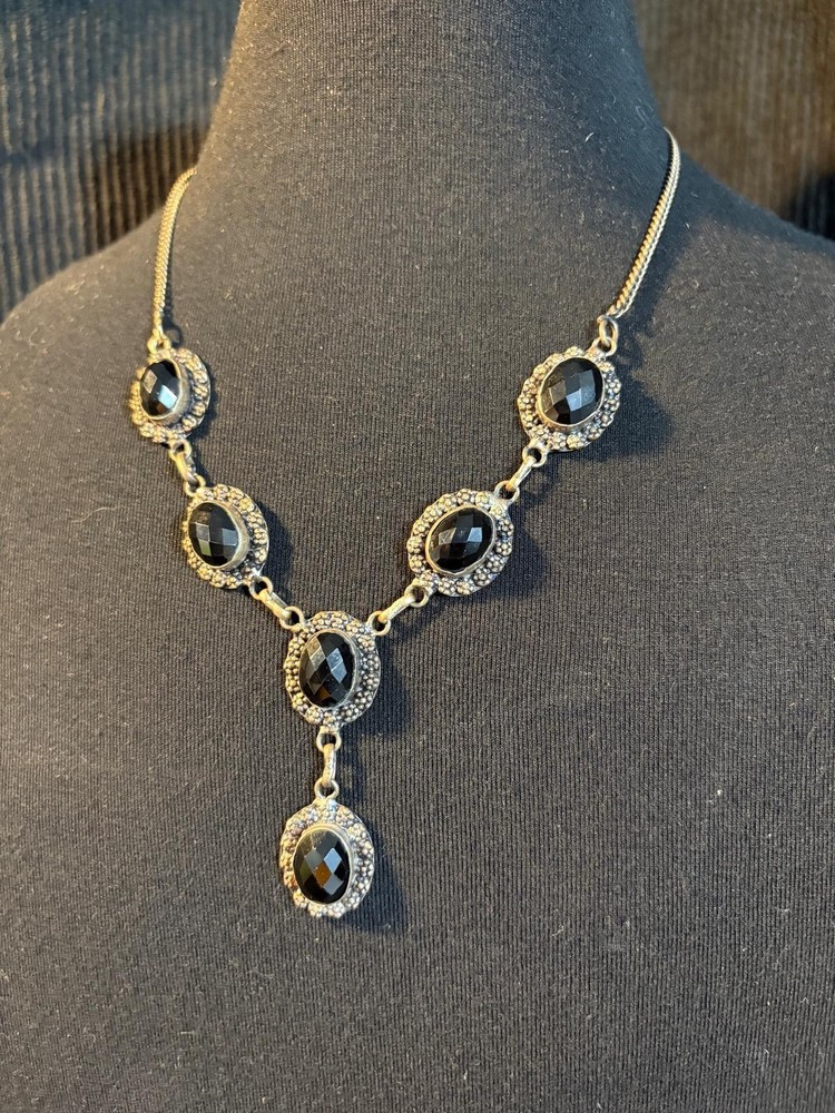 Vintage .925 Sterling Silver and Black Onyx Gothic Bib Necklace