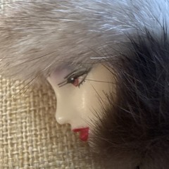 Vintage 80s Lady Face & Fur Hair Brooch Pin Glam