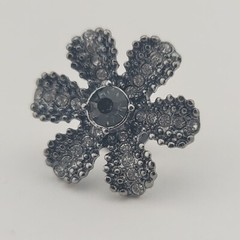 Jeweled Clear And Green Rhinestone On Gun Metal Grey Flower Hat Pin Brooch
