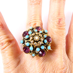 Vintage Rhinestone Cocktail Ring Adjustable Size 6 Faux Turquoise Amethyst Retro