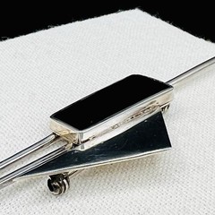Vintage Signed Mexico 925 Sterling Silver Taxco Modernist Onyx Brooch Geometric