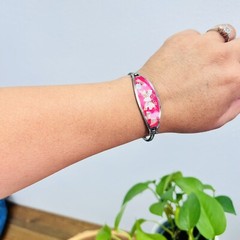 Mexico Alpaca Pink Red Enamel Mother of Pearl Shell Cuff Bangle Bracelet