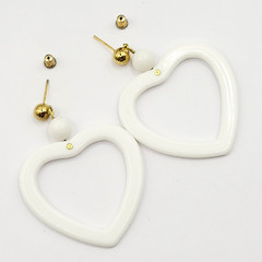 White Heart Open Center Bead Drop Dangle w Ball Stud Gold Tone Vintage Earrings