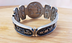 Vintage Egyptian 800 Silver Niello Storyteller Panel Hinged Bracelet