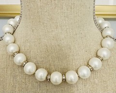 VTG Costume Pearl Necklace W Alternating Gold & Diamond Spacers 18” Jackie O