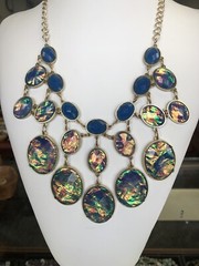 Statement necklace costume Iridescent Foil Peacock Multi Layered Vintage