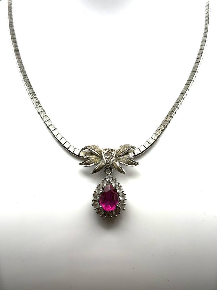 Vintage 835 Silver Art Deco Pink Stone Pendant Necklace 18″ Long