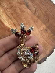 Vintage Gold Tone Red Clear Rhinestones Floral Flower Basket Brooch Pin